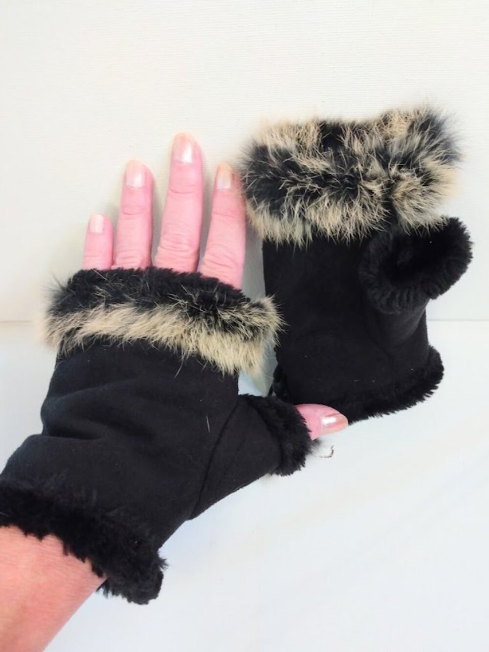 Fingerless Gloves Black Faux Suede Cream Faux Rabbit Hair Hand Warmers OSFM